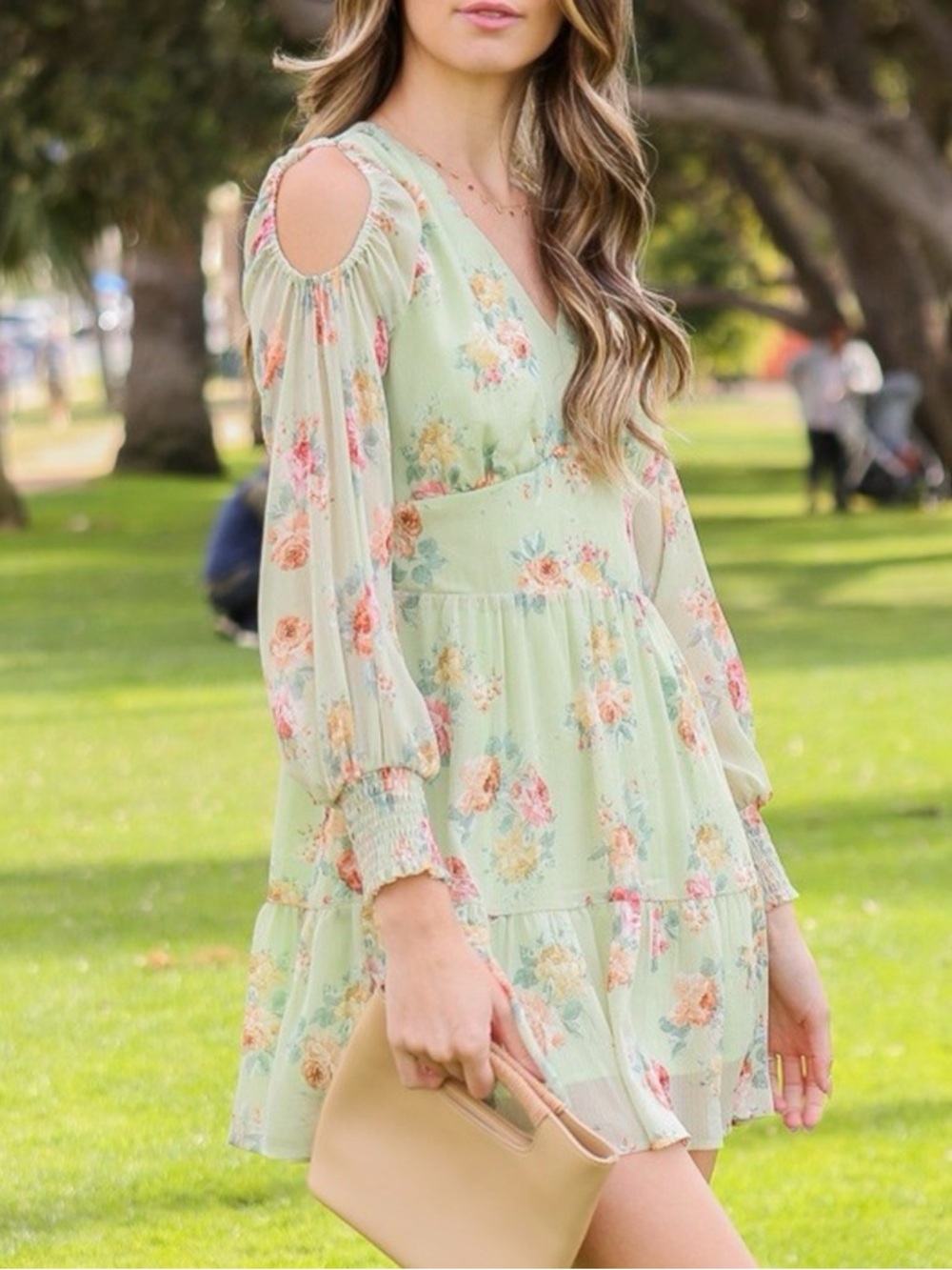 Lumiere Mint Floral Cold-Shoulder Tiered Mini Dress